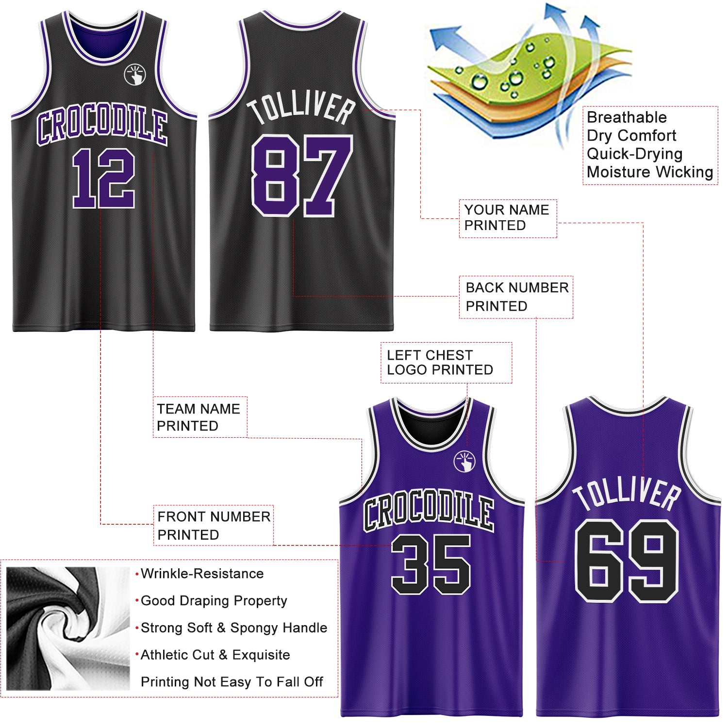 Custom Reversible Black Purple-White Double Side Sublimation Basketball Suit Jersey