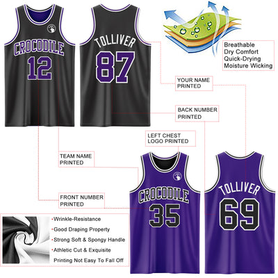 Custom Reversible Black Purple-White Double Side Sublimation Basketball Suit Jersey