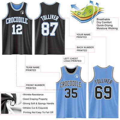 Custom Reversible Black White-Light Blue Double Side Sublimation Basketball Suit Jersey
