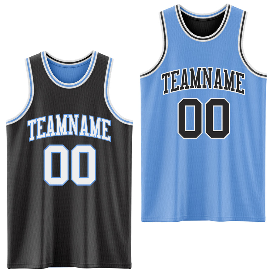 Custom Reversible Black White-Light Blue Double Side Sublimation Basketball Suit Jersey