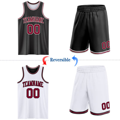 Custom Reversible Black Maroon-White Double Side Sublimation Basketball Suit Jersey