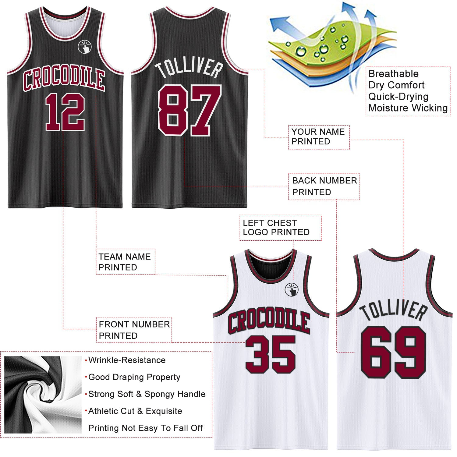 Custom Reversible Black Maroon-White Double Side Sublimation Basketball Suit Jersey