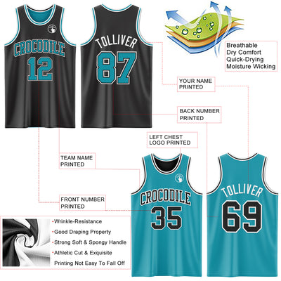 Custom Reversible Black Teal-White Double Side Sublimation Basketball Suit Jersey