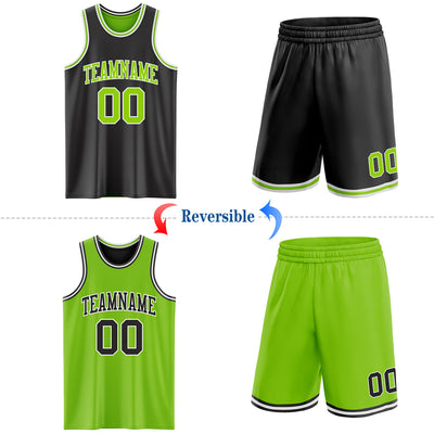 Custom Reversible Black Neon Green-White Double Side Sublimation Basketball Suit Jersey