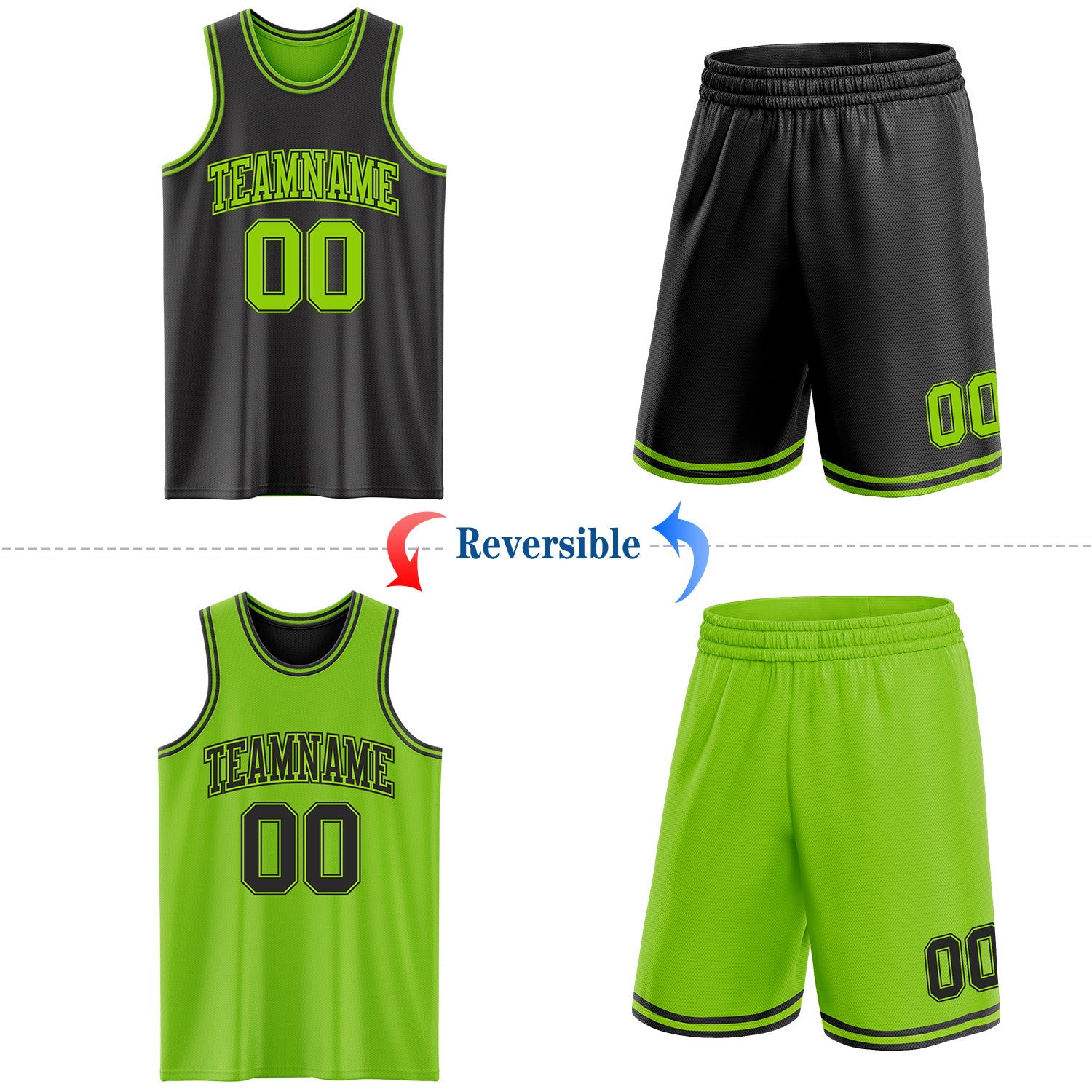 Custom Reversible Black Neon Green Double Side Sublimation Basketball Suit Jersey