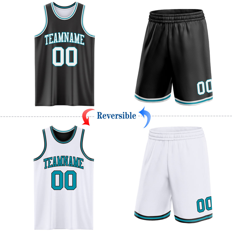 Custom Reversible Black White-Teal Double Side Sublimation Basketball Suit Jersey