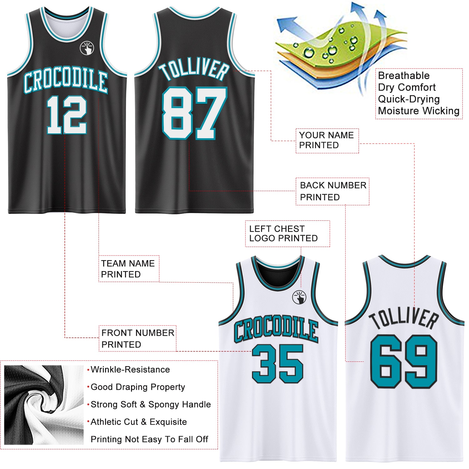 Custom Reversible Black White-Teal Double Side Sublimation Basketball Suit Jersey