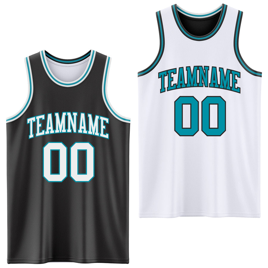 Custom Reversible Black White-Teal Double Side Sublimation Basketball Suit Jersey