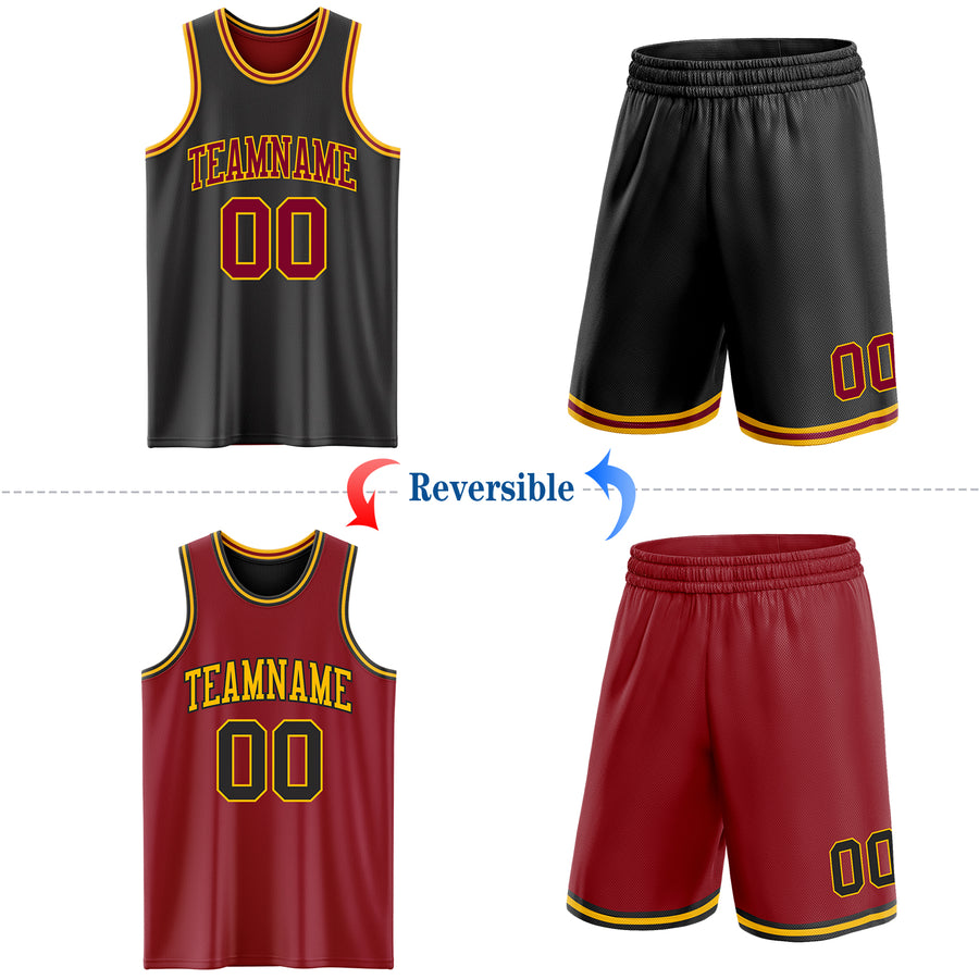 Custom Reversible Black Maroon-Gold Double Side Sublimation Basketball Suit Jersey