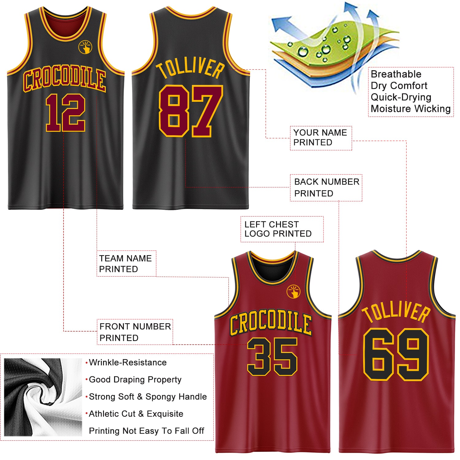 Custom Reversible Black Maroon-Gold Double Side Sublimation Basketball Suit Jersey