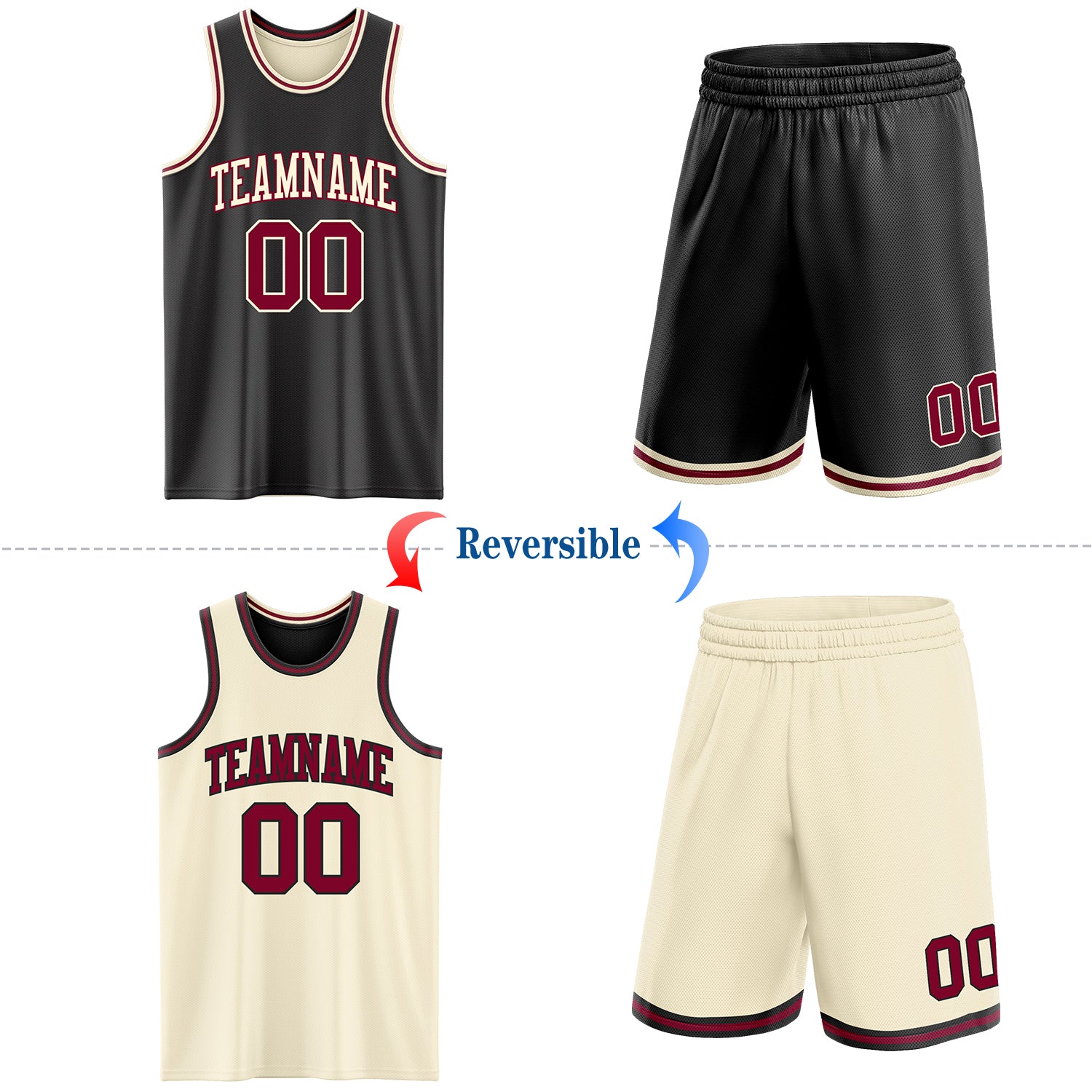 Custom Reversible Black Maroon-Cream Double Side Sublimation Basketball Suit Jersey