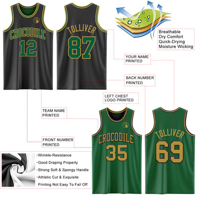 Custom Reversible Black Kelly Green-Old Gold Double Side Sublimation Basketball Suit Jersey