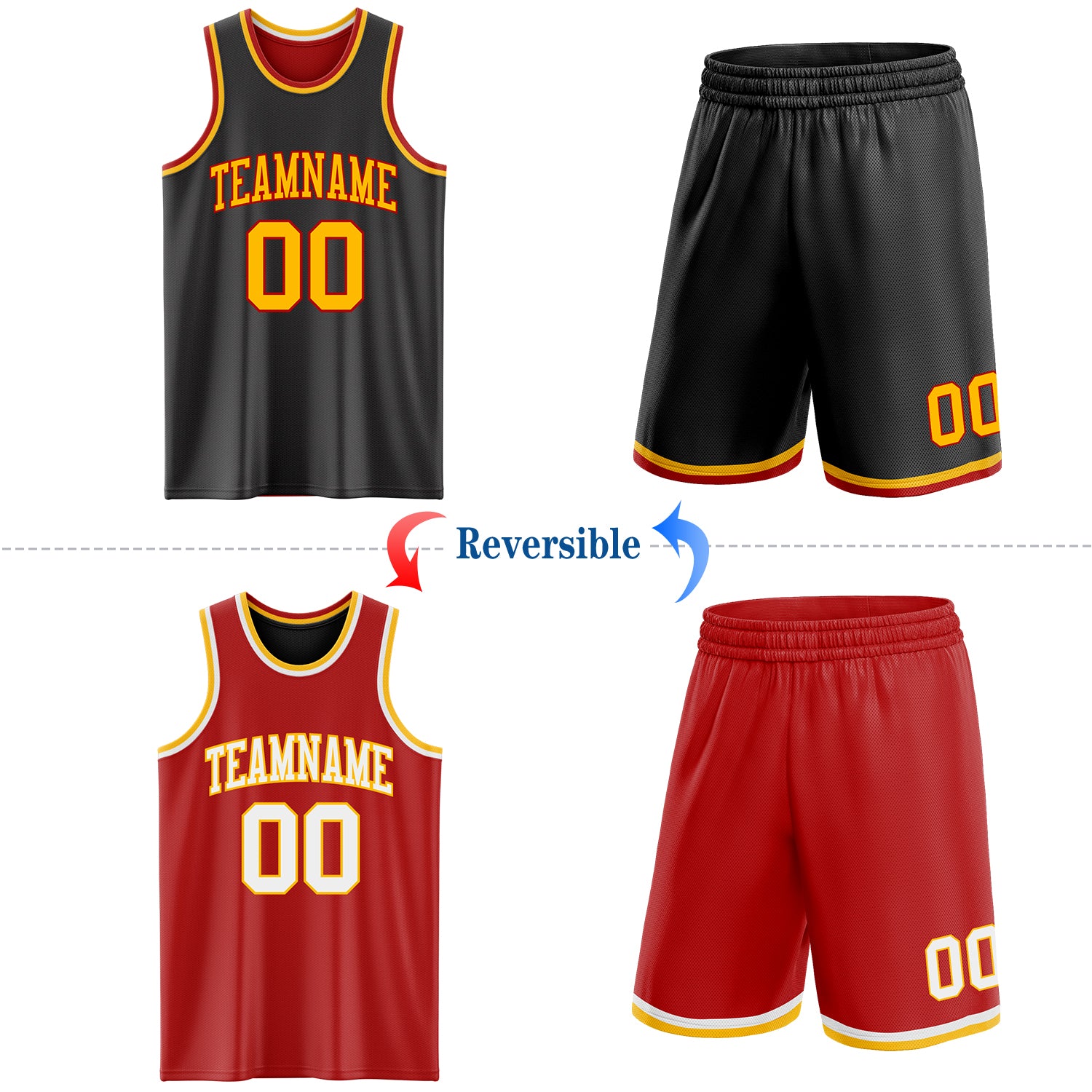 Custom Reversible Black Gold-Red Double Side Sublimation Basketball Suit Jersey