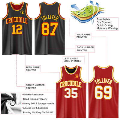 Custom Reversible Black Gold-Red Double Side Sublimation Basketball Suit Jersey