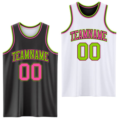 Custom Reversible Black Pink-Neon Green Double Side Sublimation Basketball Suit Jersey