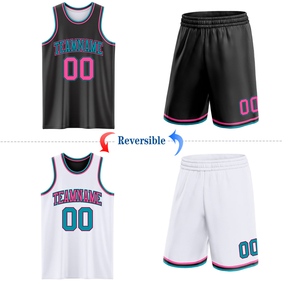 Custom Reversible Black Pink-Teal Double Side Sublimation Basketball Suit Jersey