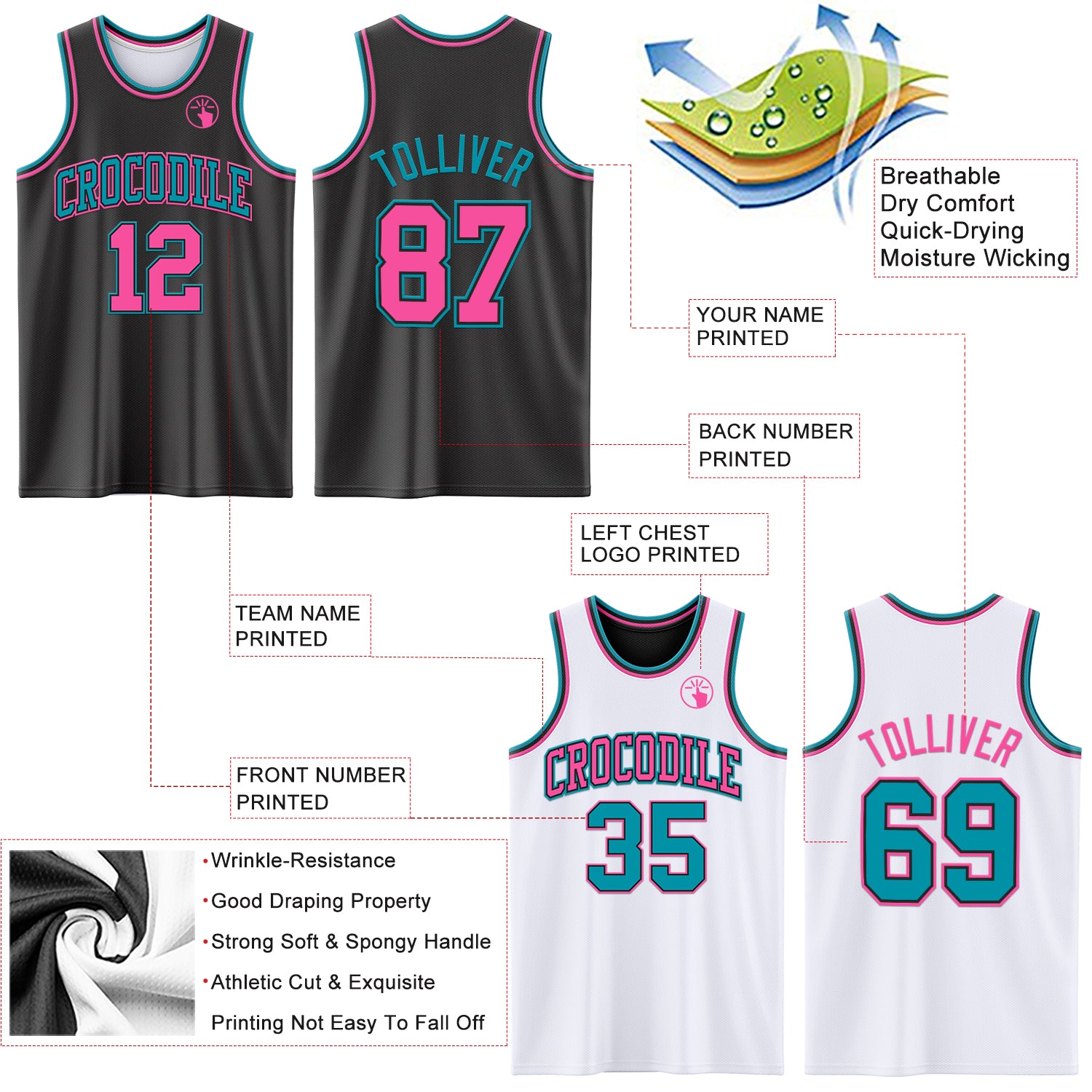 Custom Reversible Black Pink-Teal Double Side Sublimation Basketball Suit Jersey