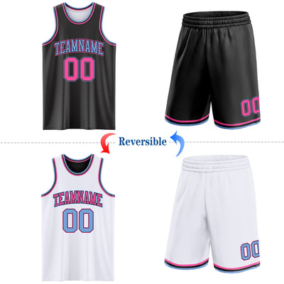 Custom Reversible Black Pink-Light Blue Double Side Sublimation Basketball Suit Jersey