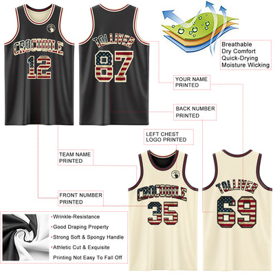 Custom Reversible Black Vintage USA Flag Cream-Maroon Double Side Sublimation Basketball Suit Jersey