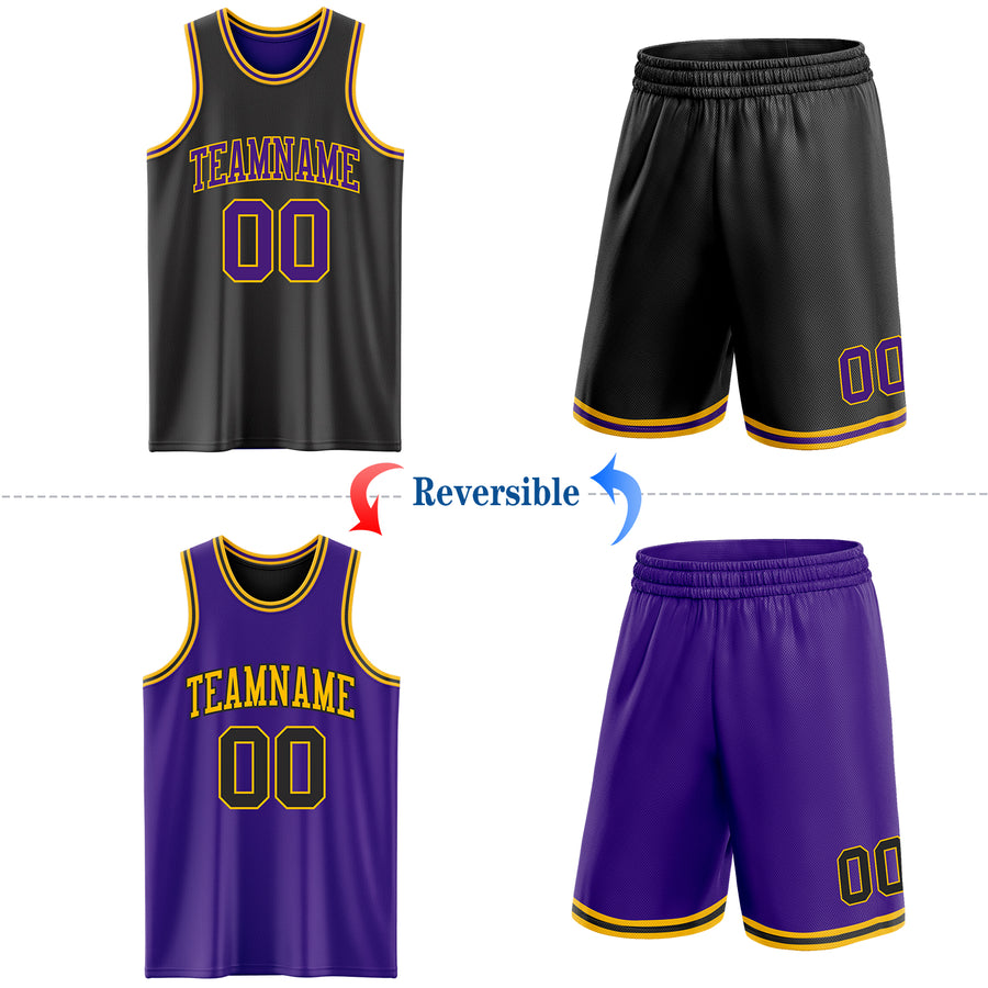 Custom Reversible Black Purple-Gold Double Side Sublimation Basketball Suit Jersey
