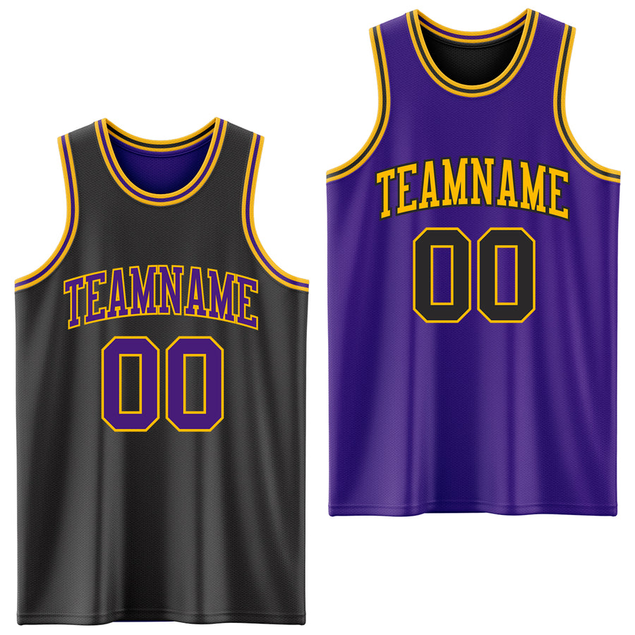 Custom Reversible Black Purple-Gold Double Side Sublimation Basketball Suit Jersey
