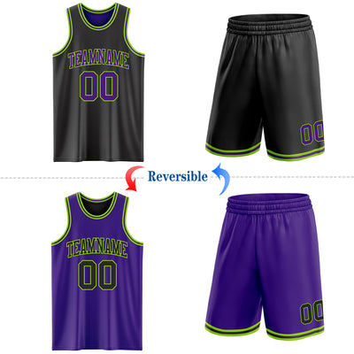 Custom Reversible Black Purple-Neon Green Double Side Sublimation Basketball Suit Jersey