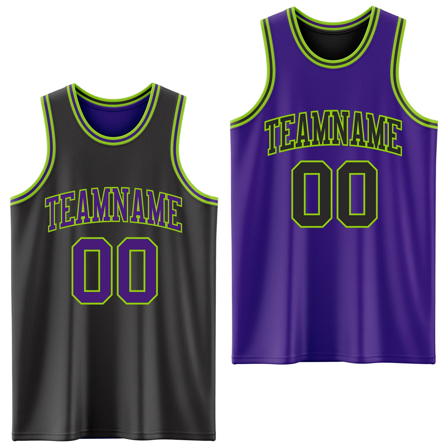 Custom Reversible Black Purple-Neon Green Double Side Sublimation Basketball Suit Jersey