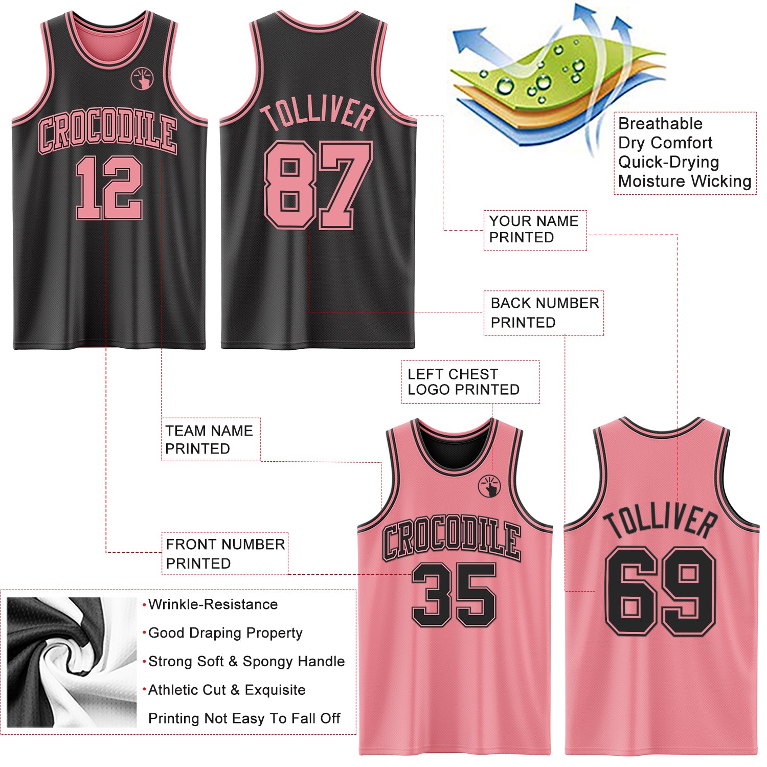Custom Reversible Black Medium Pink Double Side Sublimation Basketball Suit Jersey