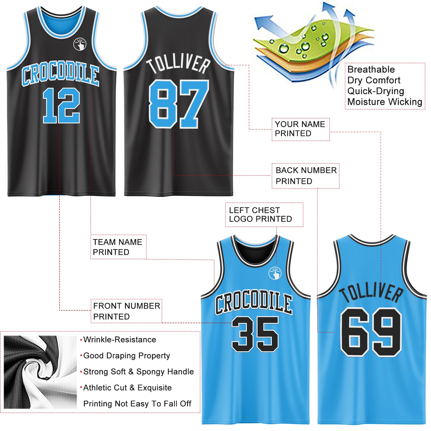Custom Reversible Black Sky Blue-White Double Side Sublimation Basketball Suit Jersey
