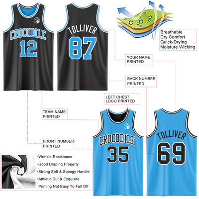 Custom Reversible Black Sky Blue-White Double Side Sublimation Basketball Suit Jersey