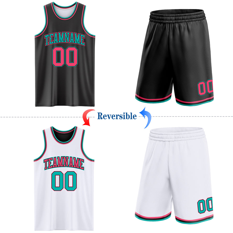 Custom Reversible Black Neon Pink-Aqua Double Side Sublimation Basketball Suit Jersey