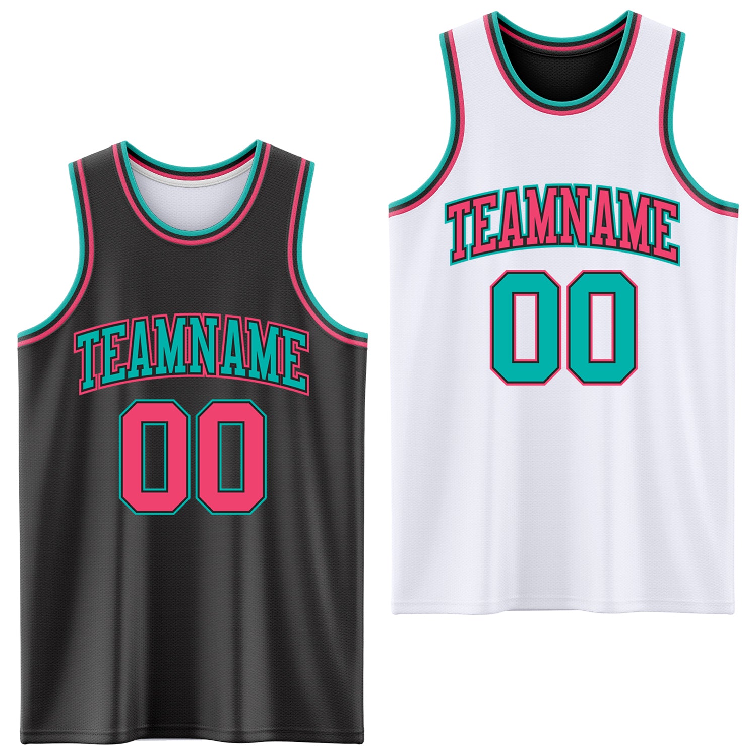 Custom Reversible Black Neon Pink-Aqua Double Side Sublimation Basketball Suit Jersey