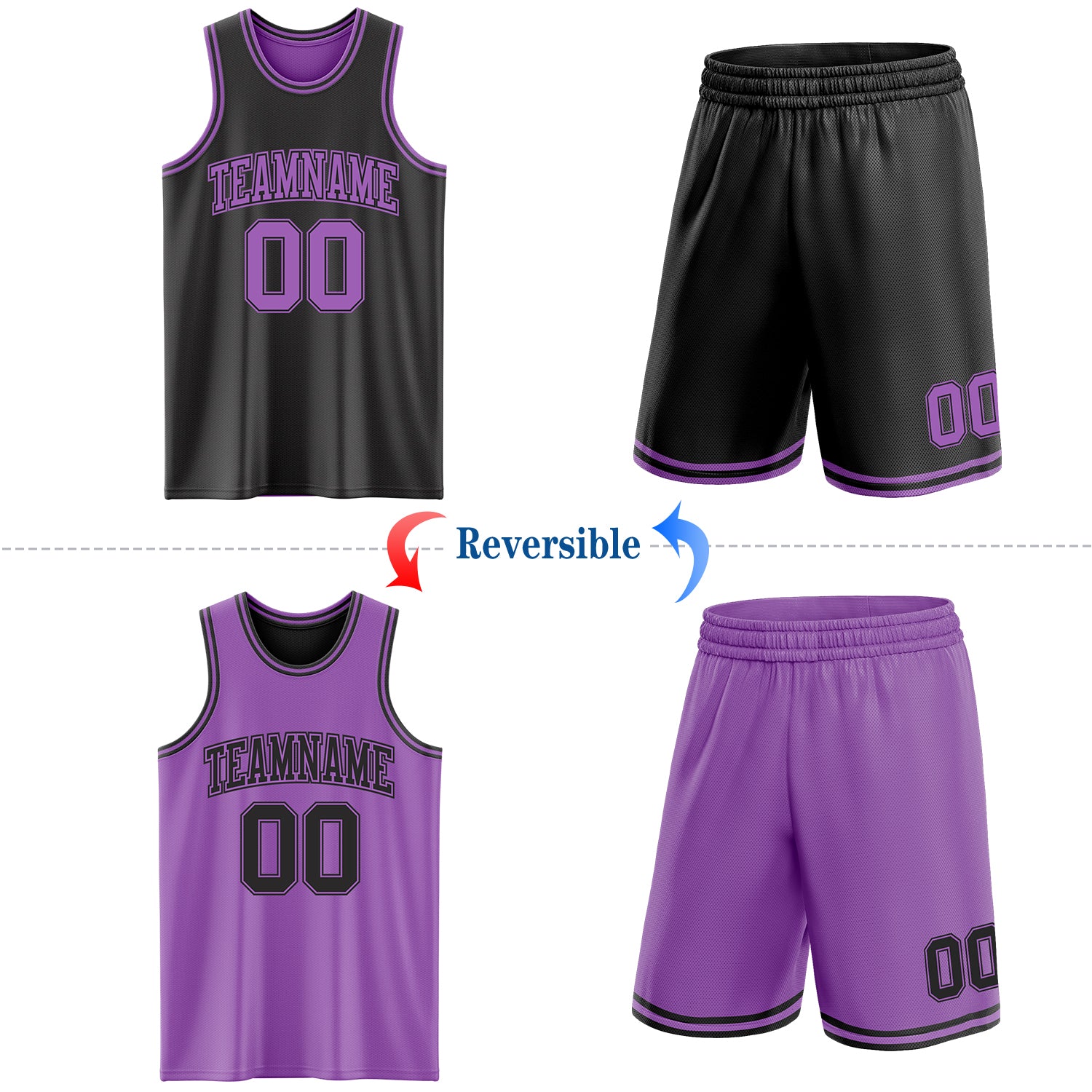 Custom Reversible Black Medium Purple Double Side Sublimation Basketball Suit Jersey