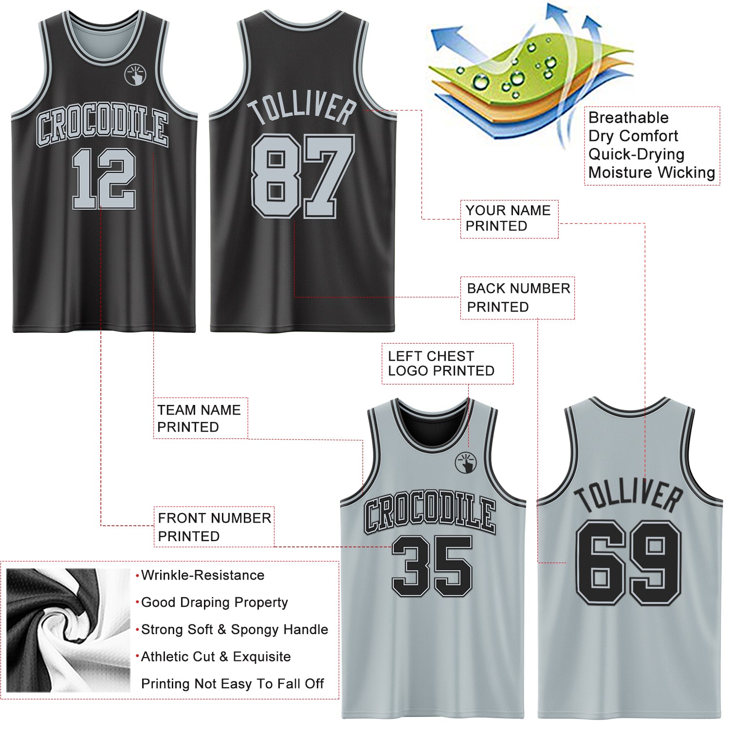 Custom Reversible Black Silver Double Side Sublimation Basketball Suit Jersey