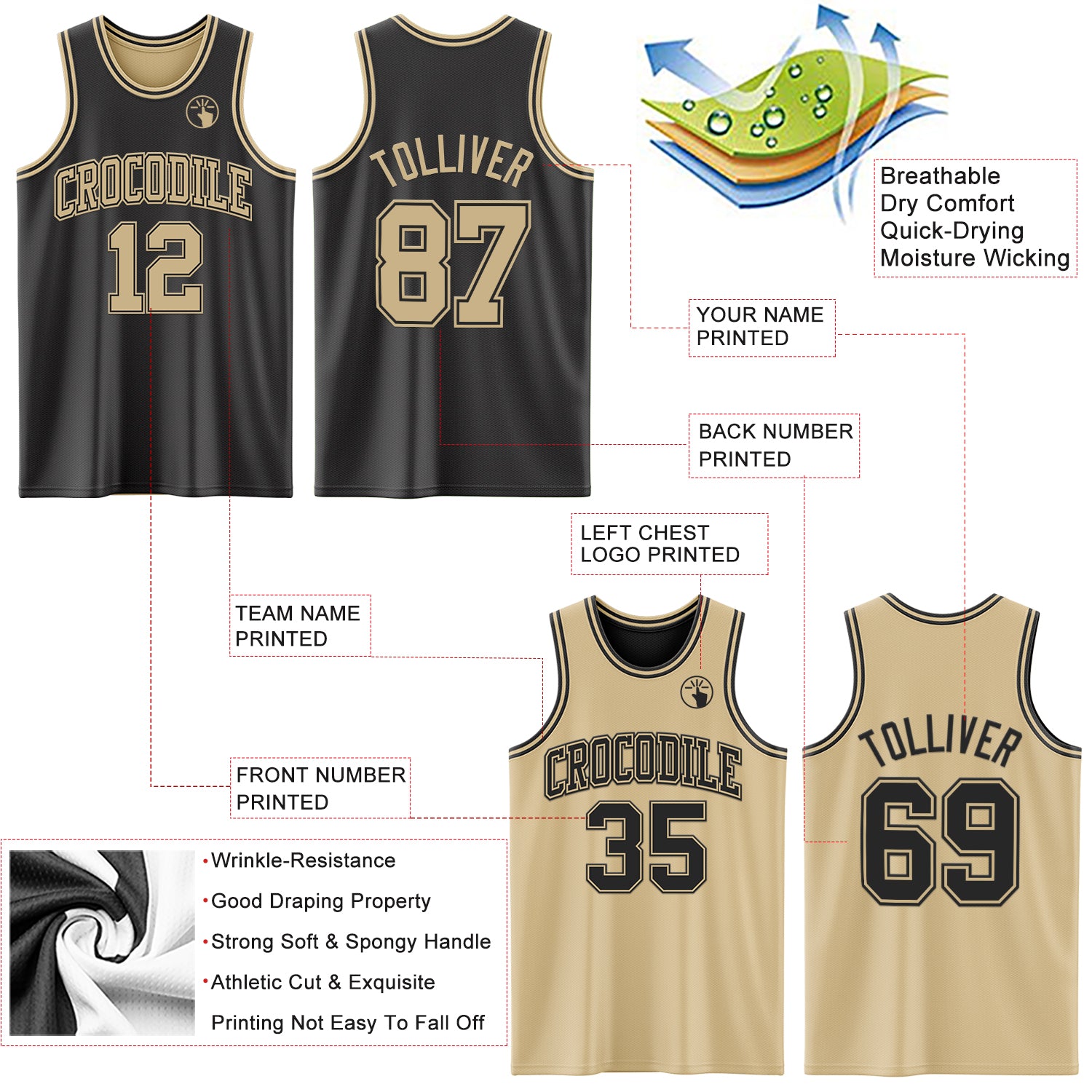 Custom Reversible Black Vegas Gold Double Side Sublimation Basketball Suit Jersey