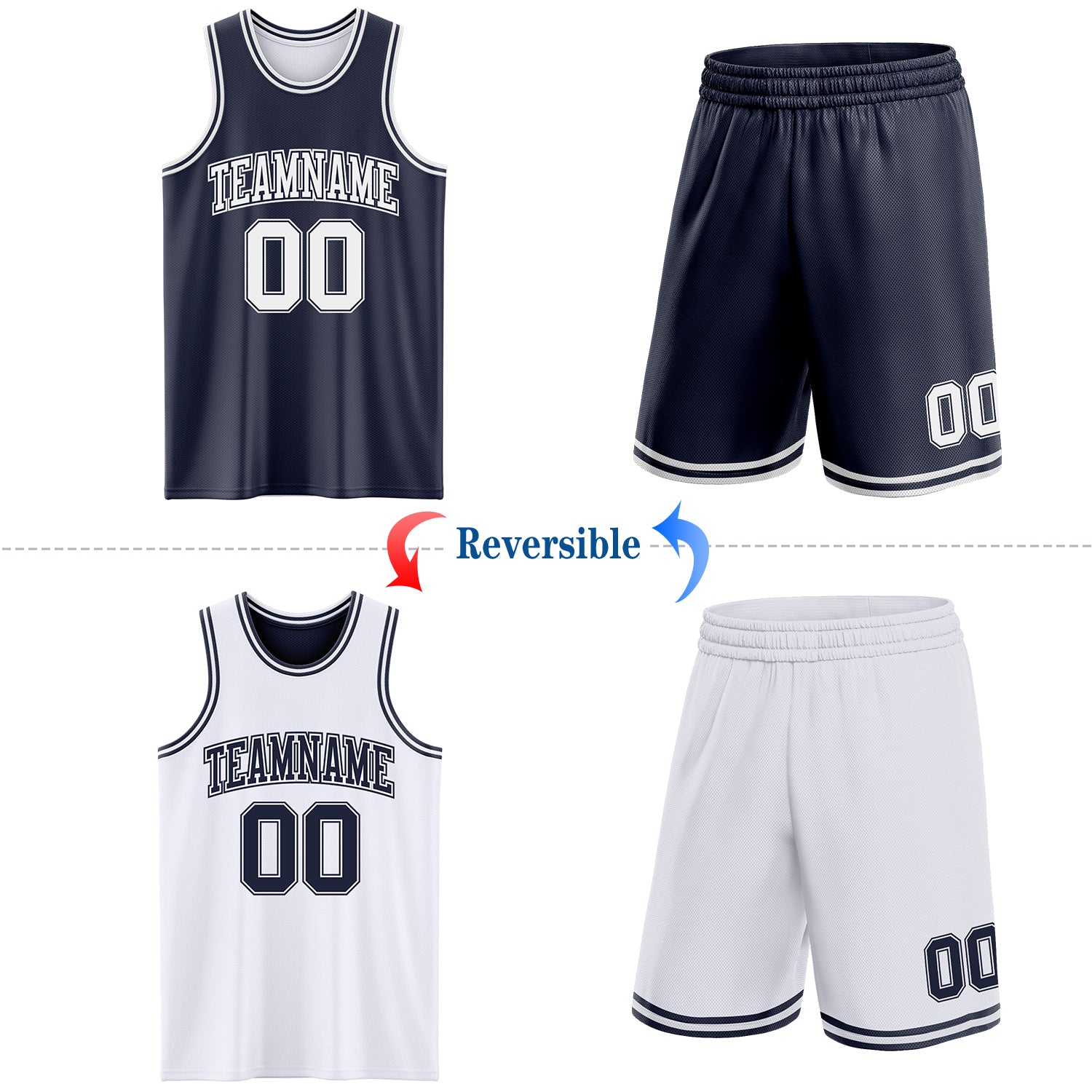Custom Navy White Reversible Double Side Sublimation Basketball Suit Jersey