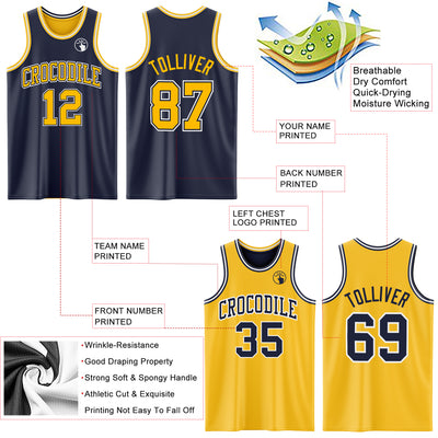 Custom Navy Gold-White Reversible Double Side Sublimation Basketball Suit Jersey