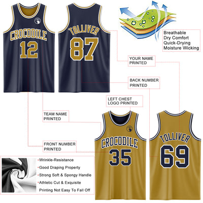Custom Navy Old Gold-White Reversible Double Side Sublimation Basketball Suit Jersey