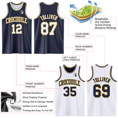 Custom Navy White-Old Gold Reversible Double Side Sublimation Basketball Suit Jersey