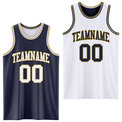 Custom Navy White-Old Gold Reversible Double Side Sublimation Basketball Suit Jersey