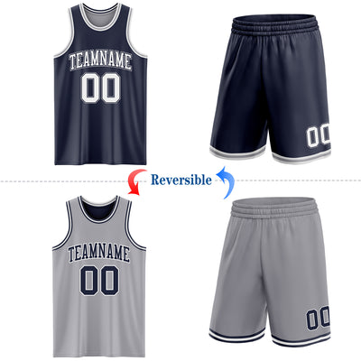 Custom Navy White-Gray Reversible Double Side Sublimation Basketball Suit Jersey
