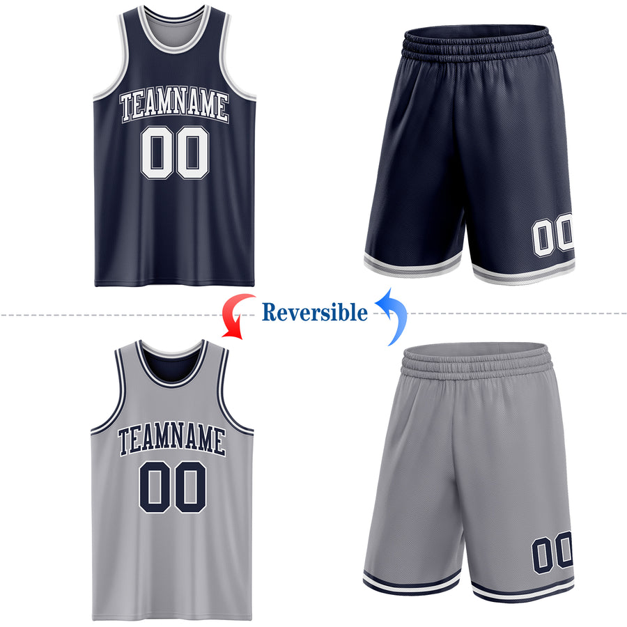 Custom Navy White-Gray Reversible Double Side Sublimation Basketball Suit Jersey