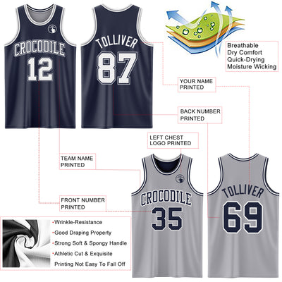 Custom Navy White-Gray Reversible Double Side Sublimation Basketball Suit Jersey