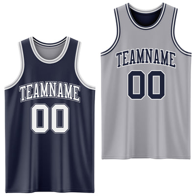 Custom Navy White-Gray Reversible Double Side Sublimation Basketball Suit Jersey