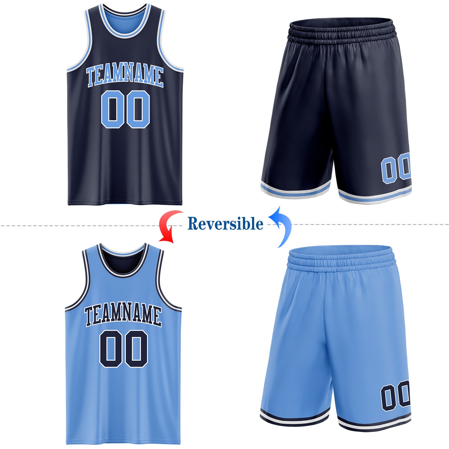 Custom Navy Light Blue-White Reversible Double Side Sublimation Basketball Suit Jersey