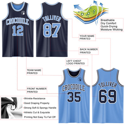 Custom Navy Light Blue-White Reversible Double Side Sublimation Basketball Suit Jersey