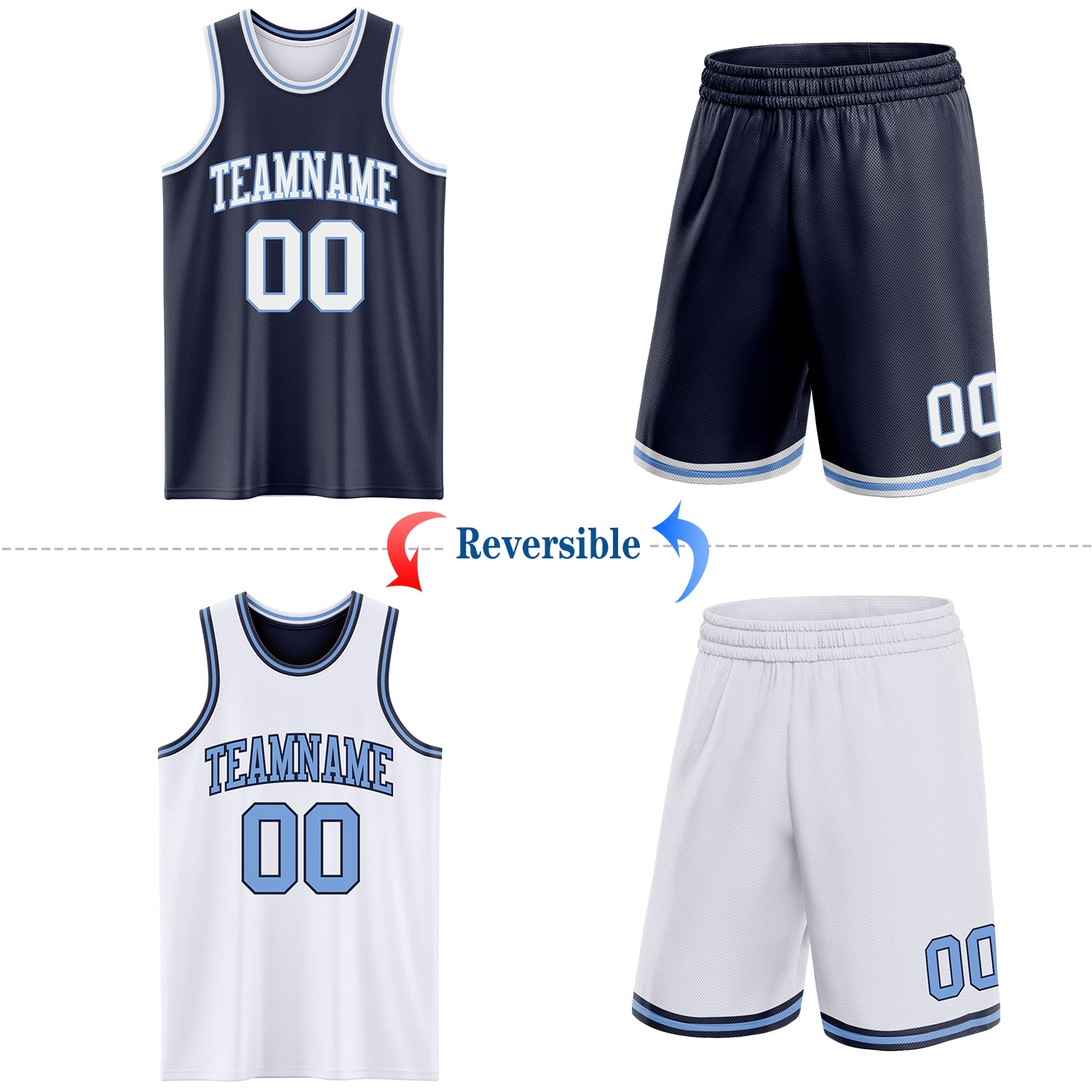 Custom Navy White-Light Blue Reversible Double Side Sublimation Basketball Suit Jersey