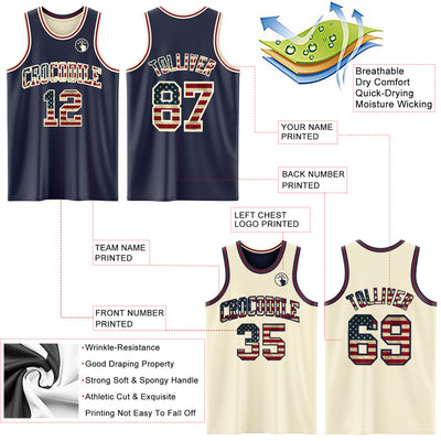 Custom Navy Vintage USA Flag Cream-Maroon Reversible Double Side Sublimation Basketball Suit Jersey