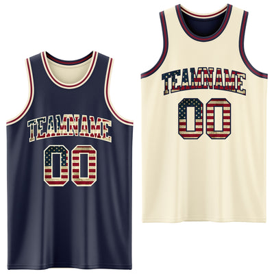 Custom Navy Vintage USA Flag Cream-Maroon Reversible Double Side Sublimation Basketball Suit Jersey