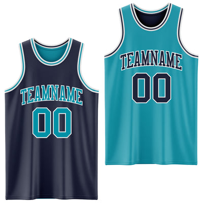 Custom Navy Teal-White Reversible Double Side Sublimation Basketball Suit Jersey